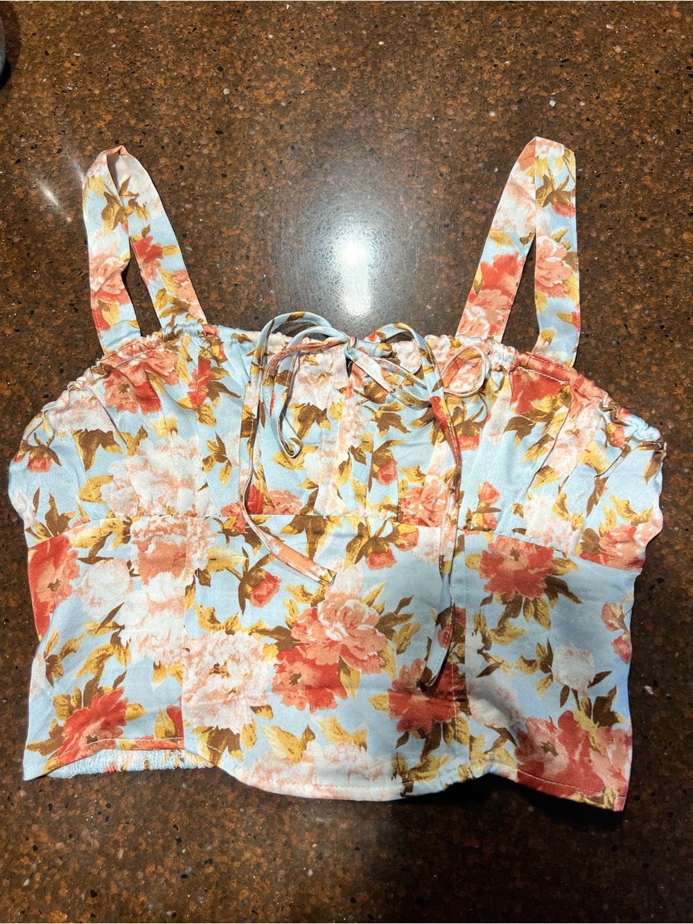Floral Tie-Front Cropped Tank Top - Blue with Coral Flowers